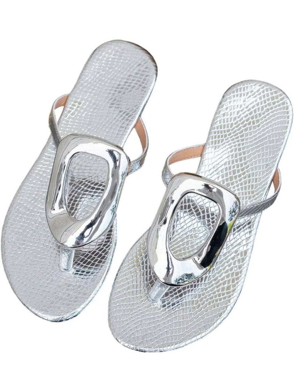 Women's Silver Metal Decor Flip Flop Thong Sandals Comfortable Slip on Flat